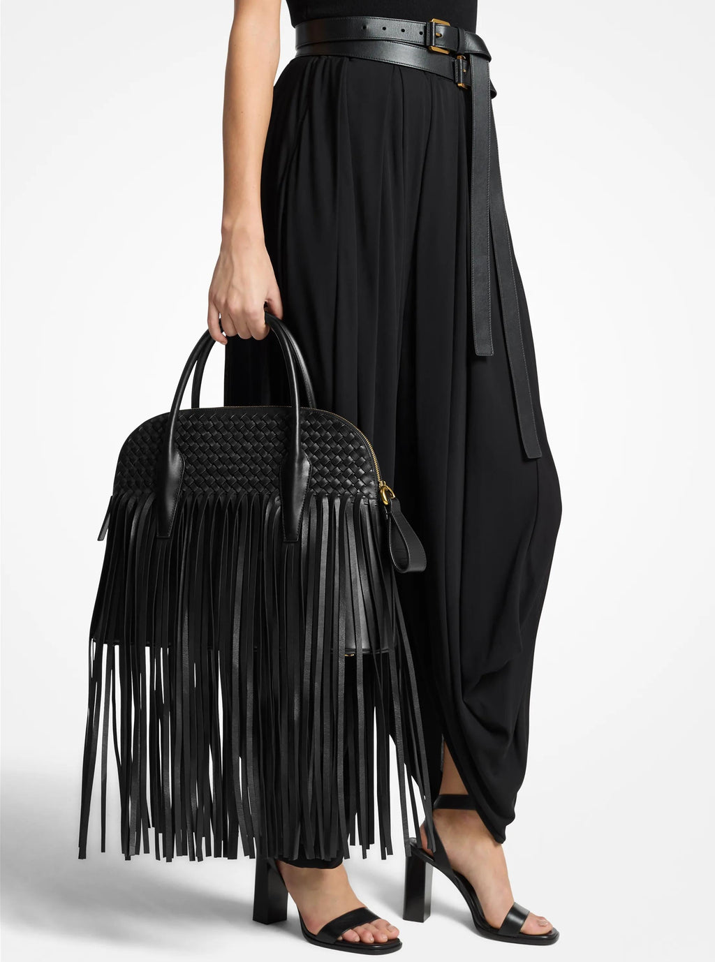 Kaitlin Large Fringed Woven Leather Dome Satchel Designer Handbag Fashion Shoulder Bag
