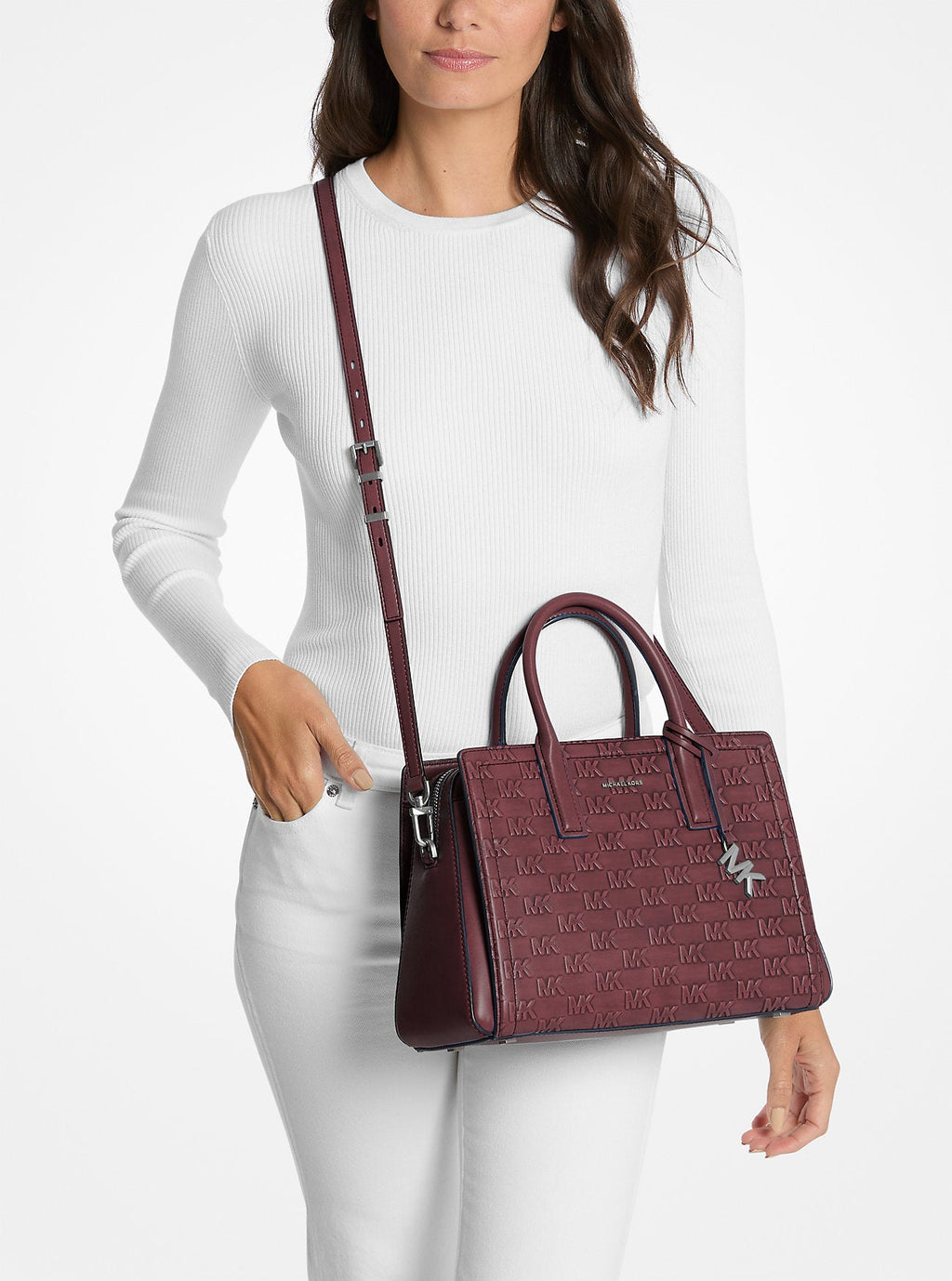 Laila Medium Logo Embossed Burnished Leather Satchel Designer Handbag Fashion Shoulder Bag