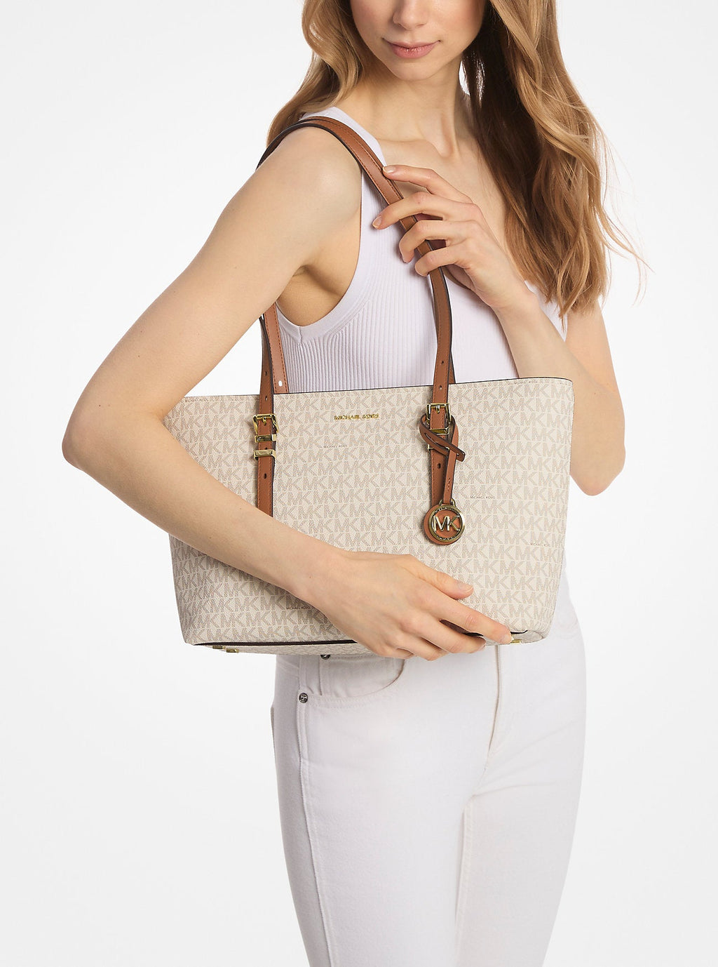 Quinn Medium Signature Logo and Leather Tote Bag Designer Handbag Fashion Shoulder Bag
