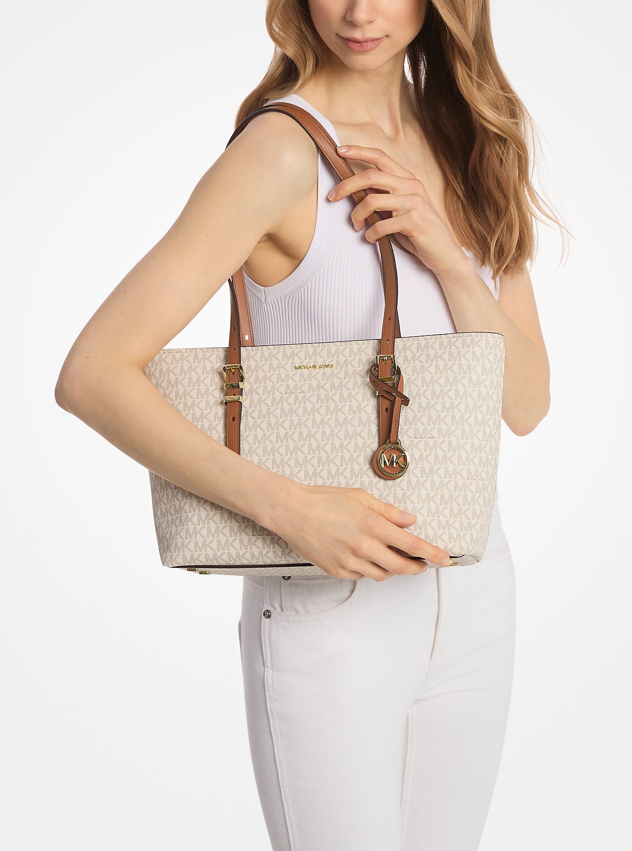 Quinn Medium Signature Logo and Leather Tote Bag Designer Handbag Fashion Shoulder Bag