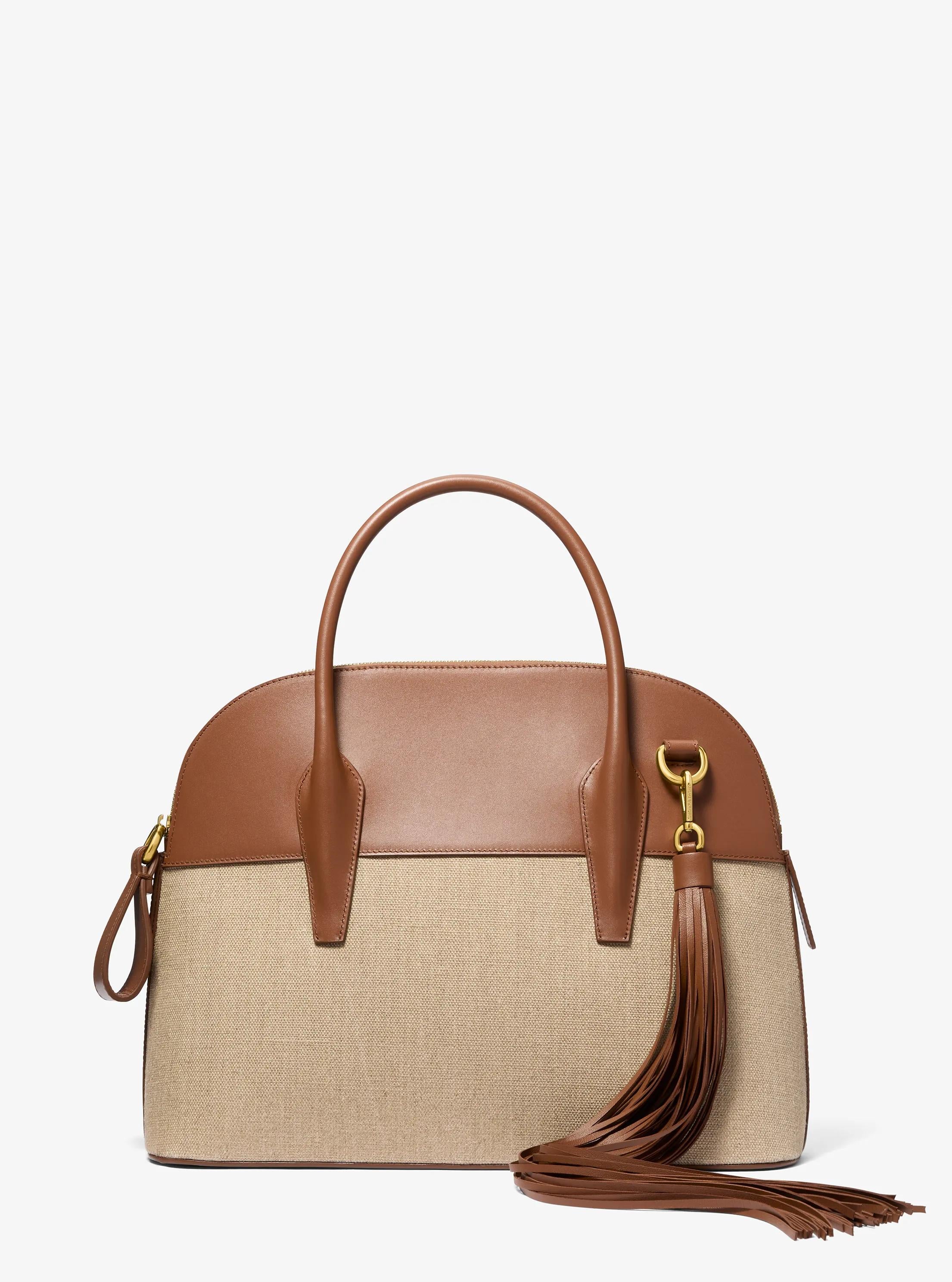 Kaitlin Large Linen and Leather Satchel Designer Handbag Fashion Shoulder Bag