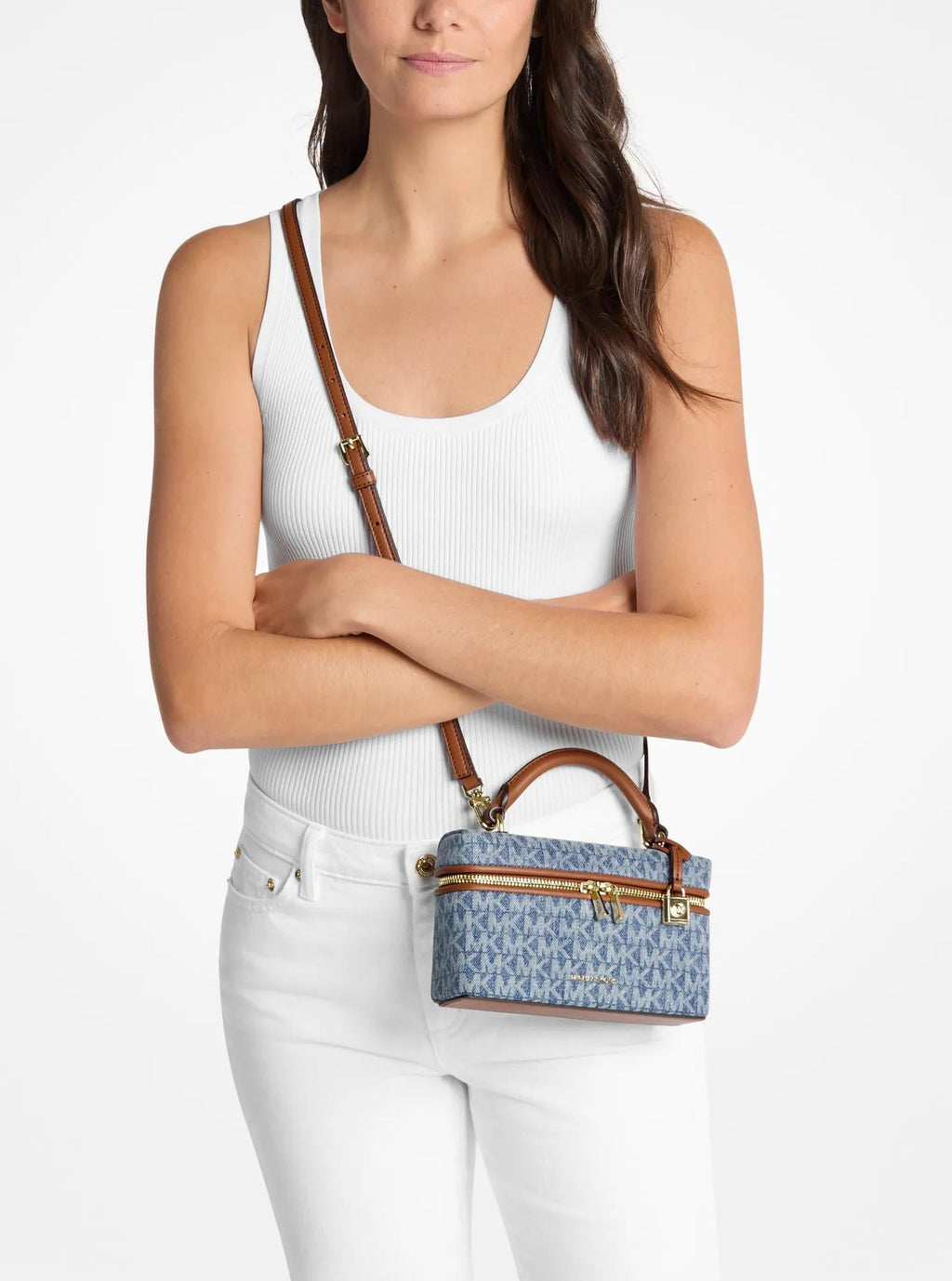 Jana Extra-Small Signature Logo Print Denim Convertible Crossbody Bag Designer Handbag Fashion Shoulder Bag