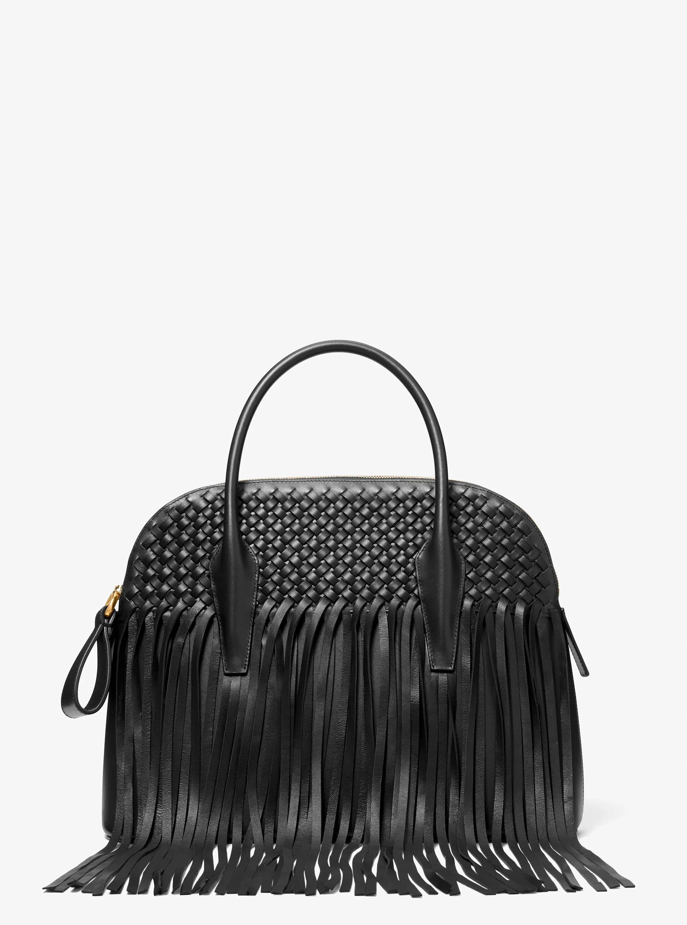 Kaitlin Large Fringed Woven Leather Dome Satchel Designer Handbag Fashion Shoulder Bag