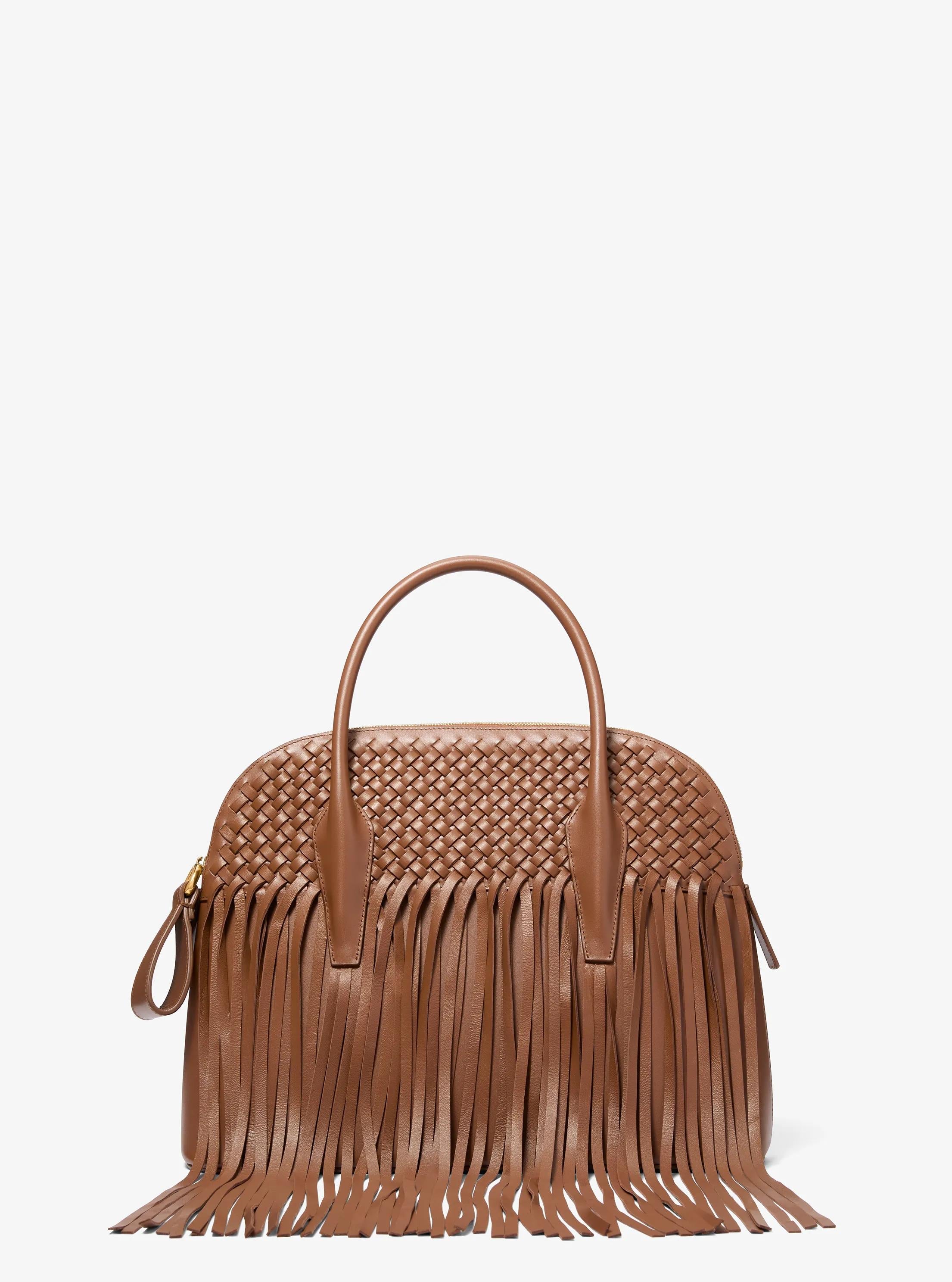 Kaitlin Large Fringed Woven Leather Dome Satchel Designer Handbag Fashion Shoulder Bag